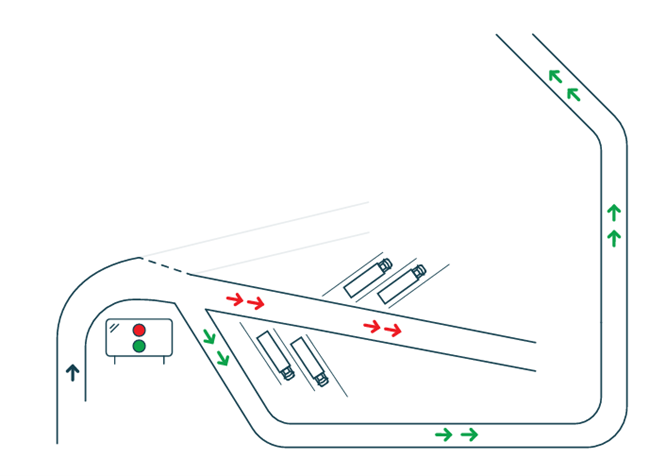 Illustrasjon av ny løsning med nytt kjøremønster og plassering av skjerm på Ørje.